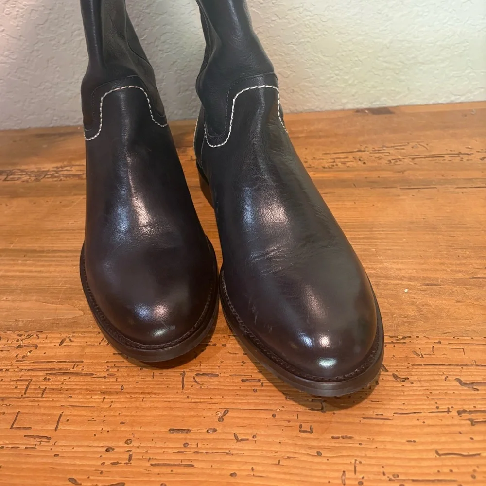 Boden 100% Leather Tall Riding Boots Western Contrast Stitching